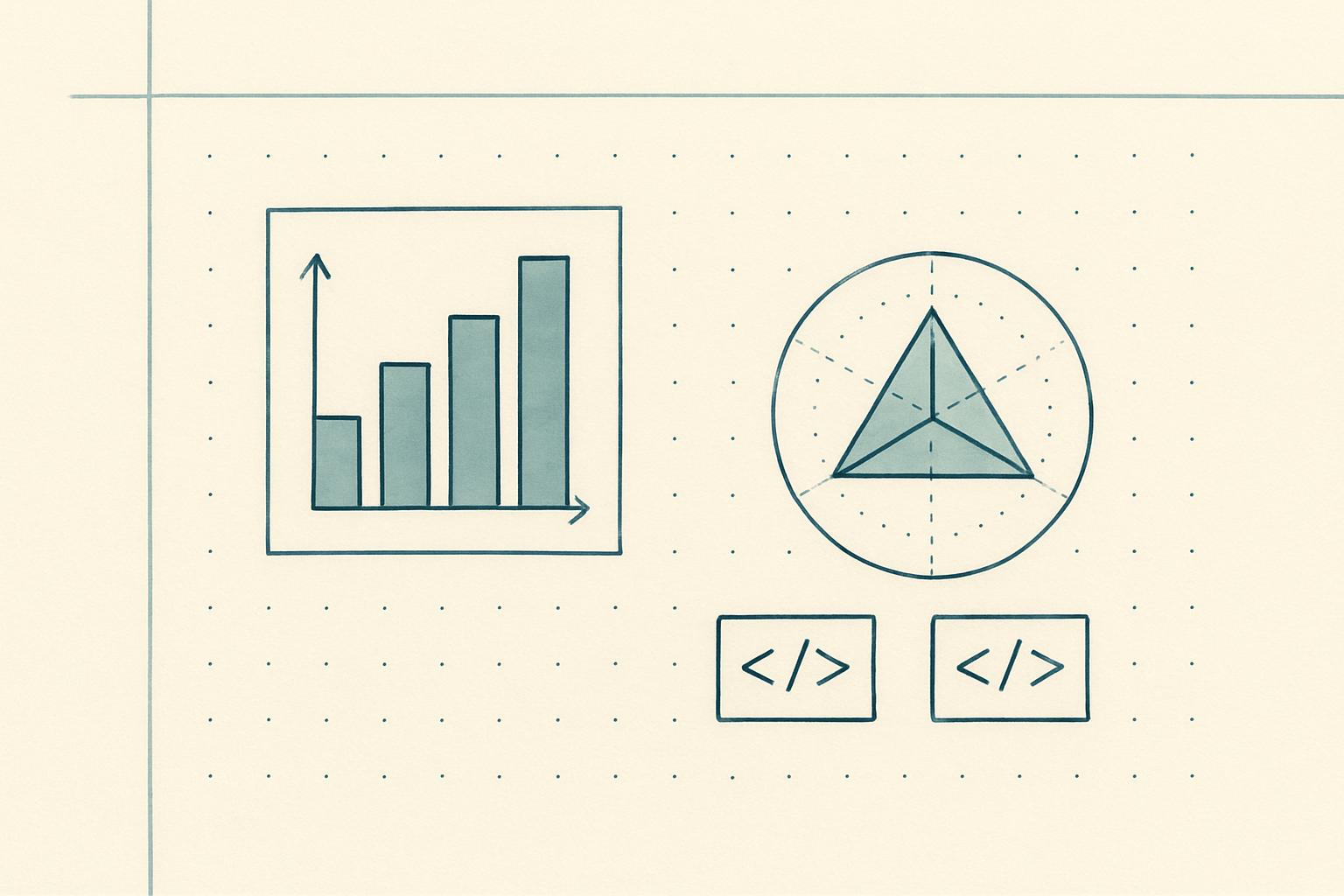 Lab-notebook panel with a bar chart, a triangular three-axis radar chart, and two code-block glyphs