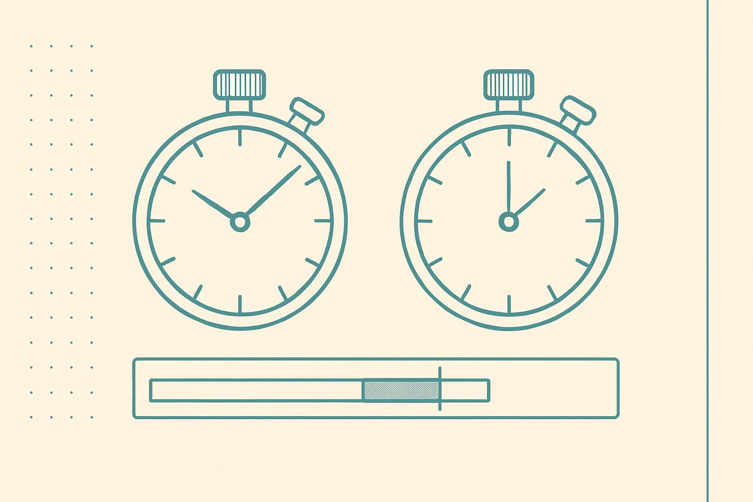 Lab-notebook illustration of two stopwatches with a rendering timeline showing a first-paint marker