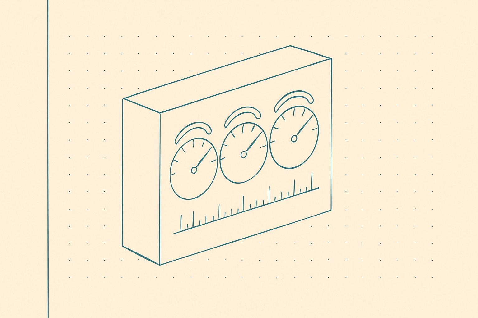 Lab-notebook instrument cluster of three linked gauges representing SEO, accessibility, and performance deploy-quality axes