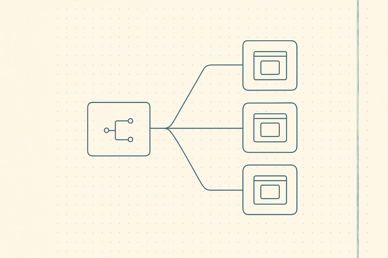 Lab-notebook diagram of a central API and MCP surface branching out to several identical client application tiles