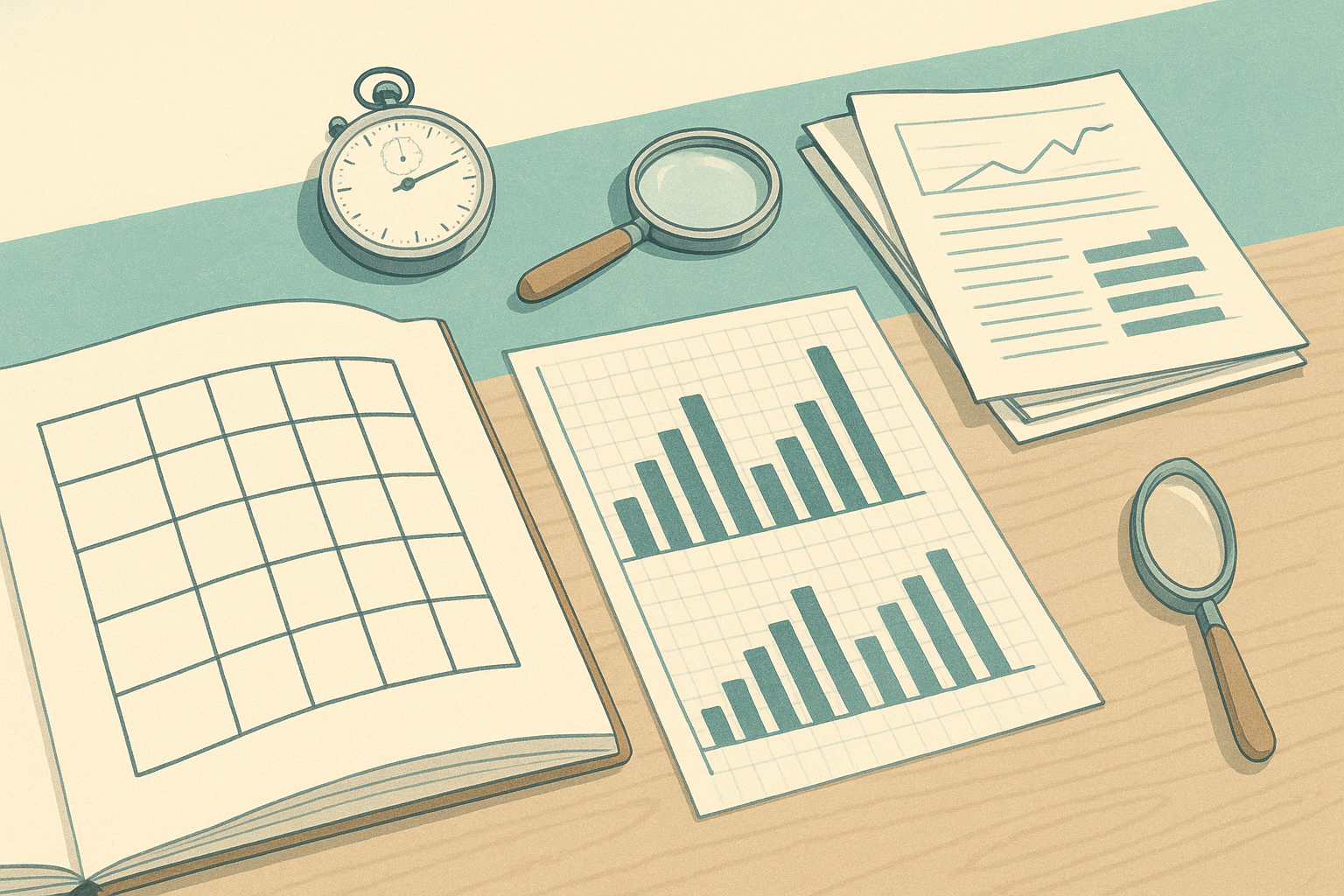 An open lab notebook with a hand-drawn rubric grid, plotted bar charts on graph paper, a stopwatch and a magnifying glass on a clean wooden desk, editorial illustration on parchment with a teal accent