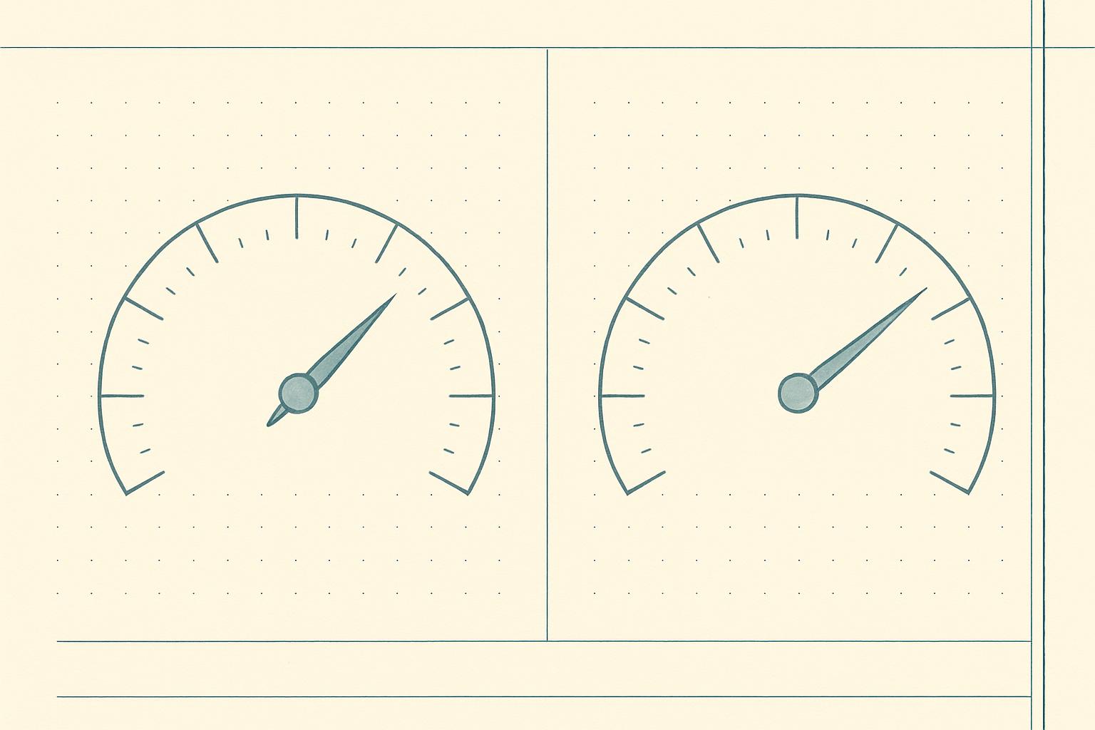 Lab-notebook illustration of two web-performance score gauges reading slightly differently, parchment background with teal linework