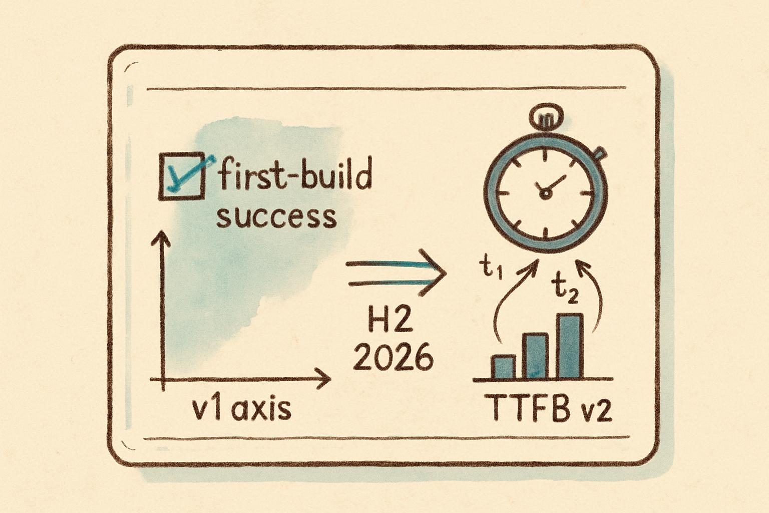Parchment lab notebook page with two side-by-side diagrams: a crossed-out first-build success checkbox labeled v1 axis, and a stopwatch with three timing arcs flowing into a histogram labeled TTFB v2, separated by an arrow labeled H2 2026
