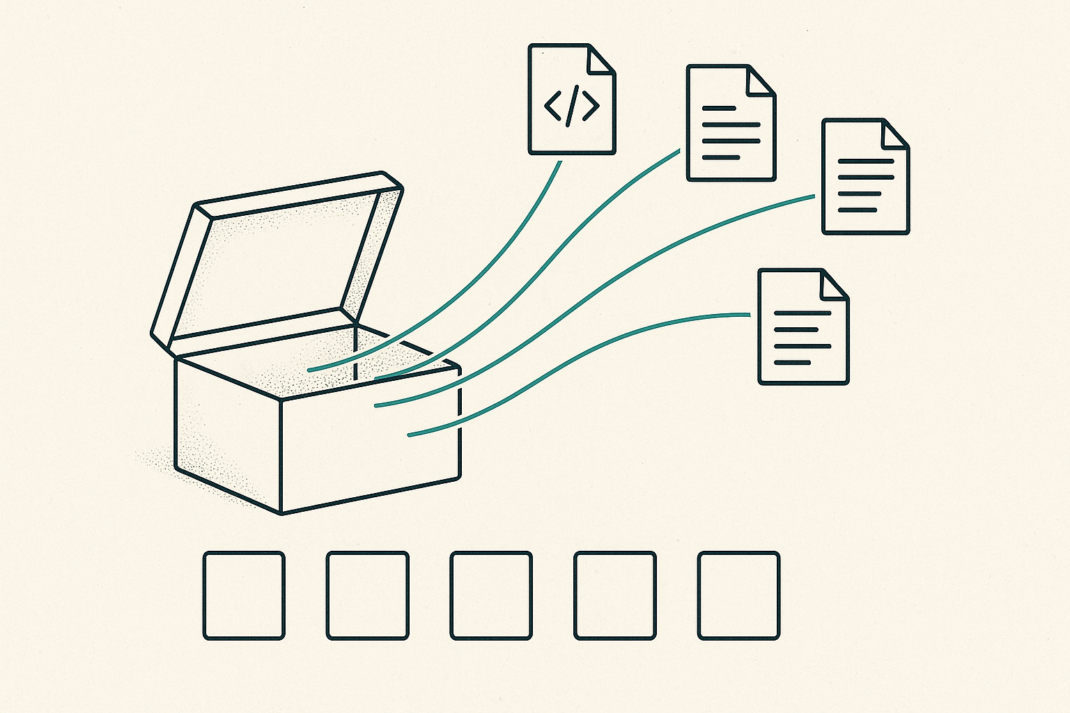 Flat scientific-illustration of an open vault with code and data files streaming outward toward six small builder-logo placeholders, on pale parchment with a teal accent.