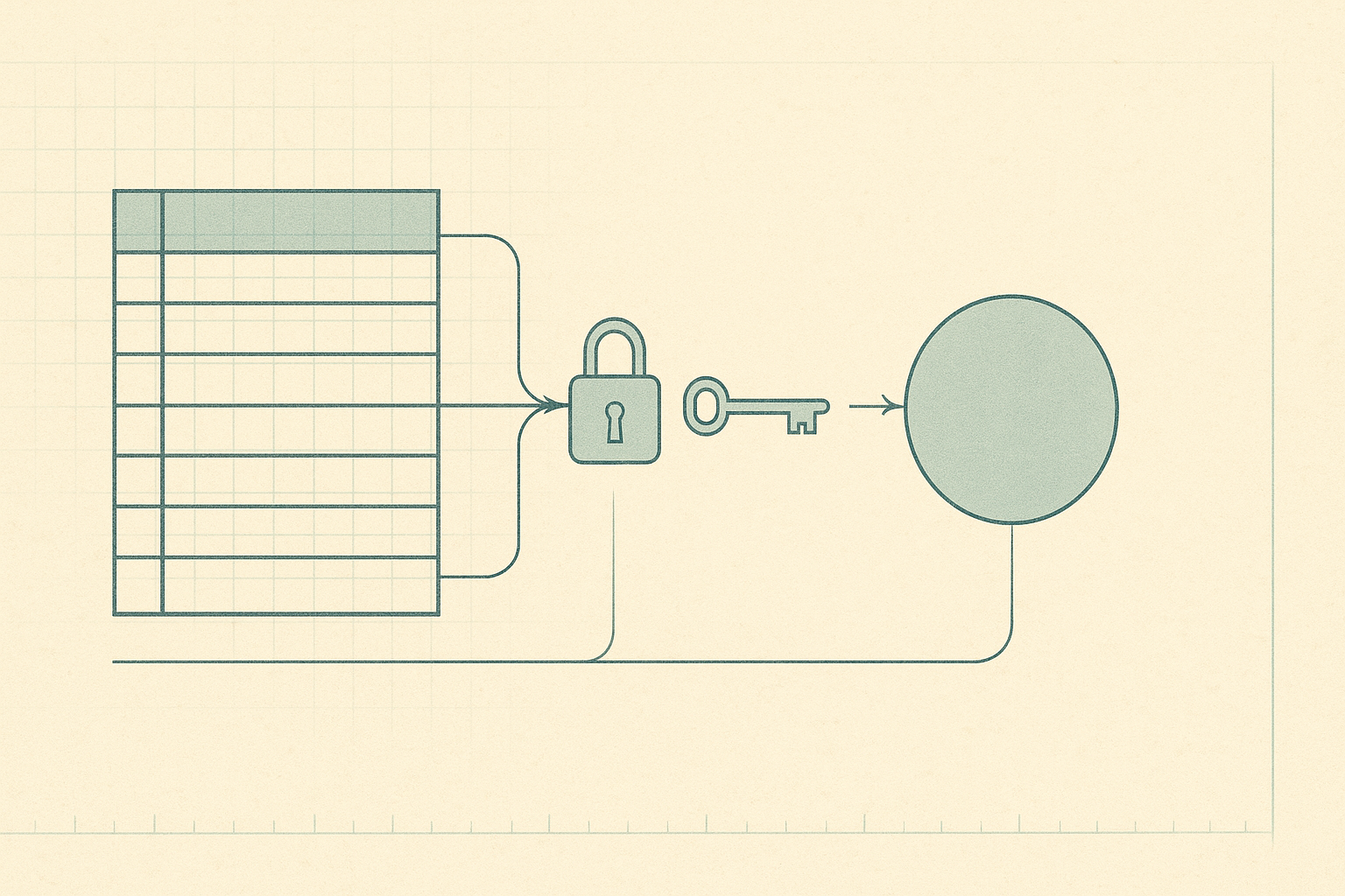 Parchment-and-teal lab-notebook diagram of a data table filtered through a padlock gate to a viewer node, illustrating row-level access control.