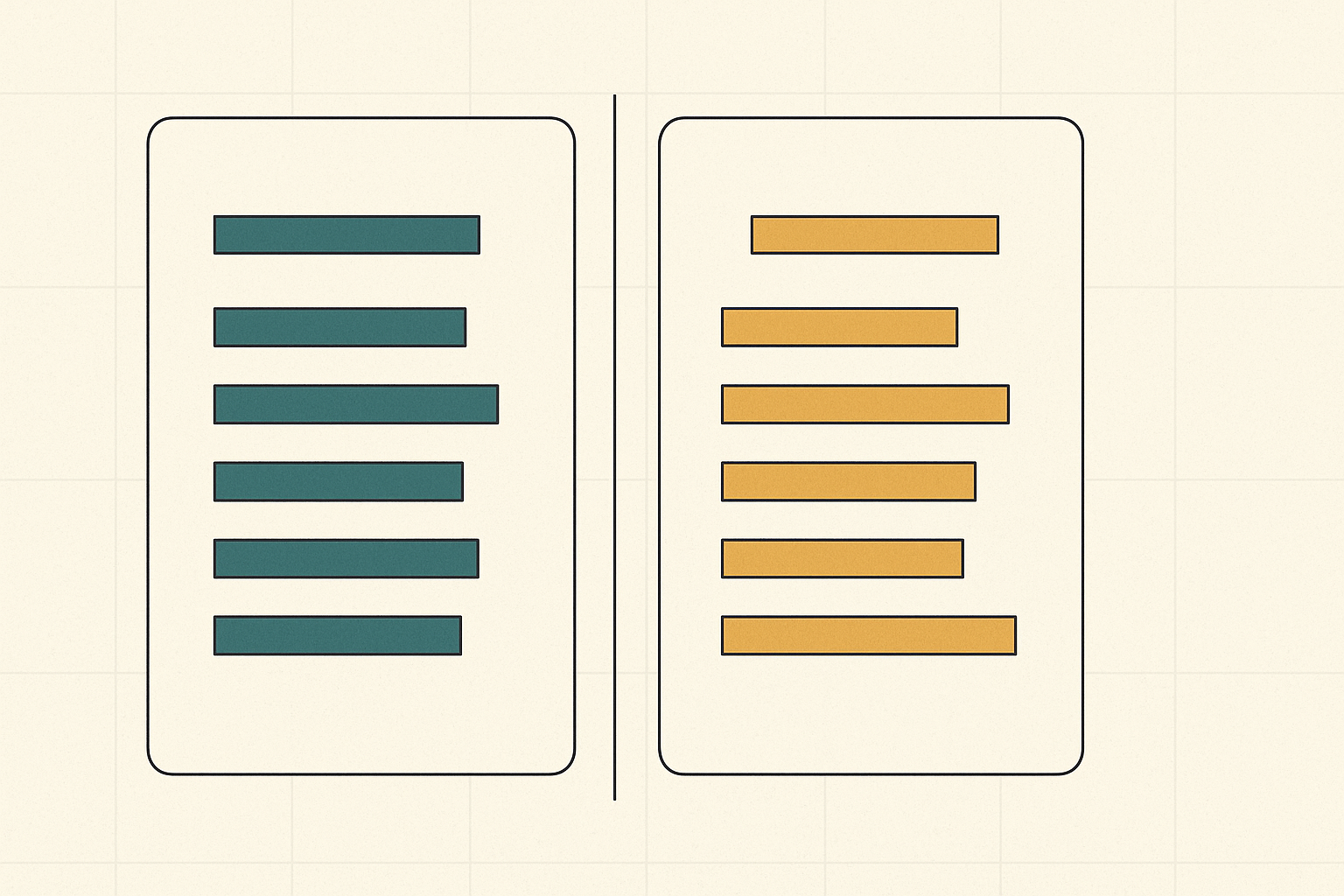 Split scorecard illustration comparing two AI app builders across six benchmark axes, teal bars on the left and amber bars on the right.