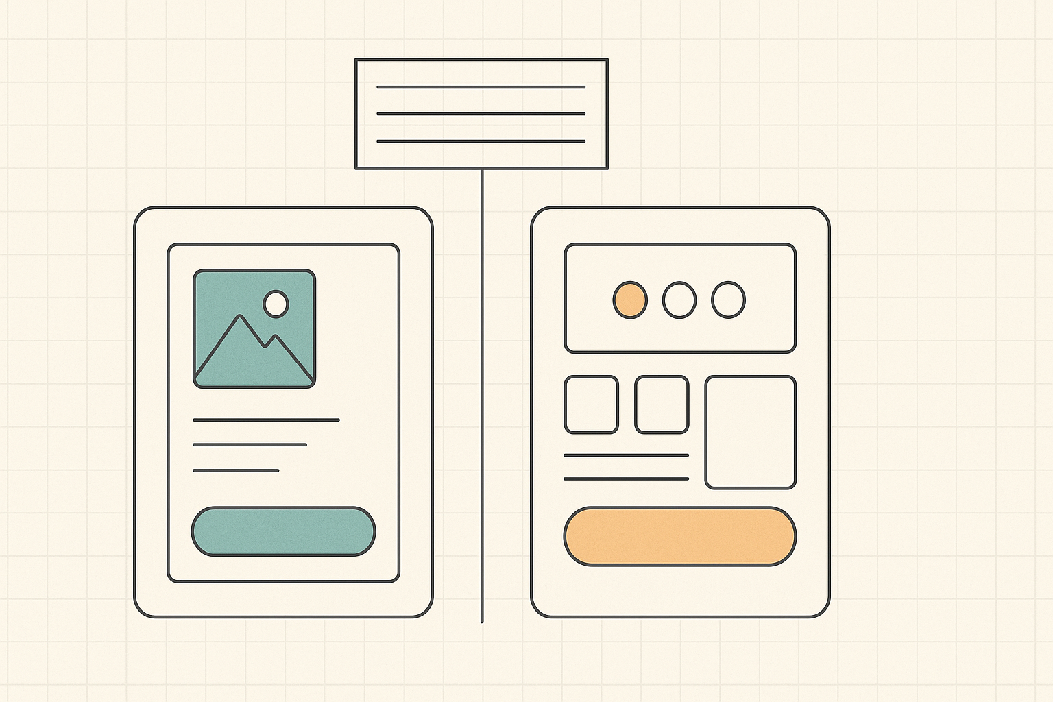 Two abstract AI app-builder interface cards side by side on parchment graph paper, one teal and one amber, split by a center divider, representing a neutral head-to-head benchmark scorecard