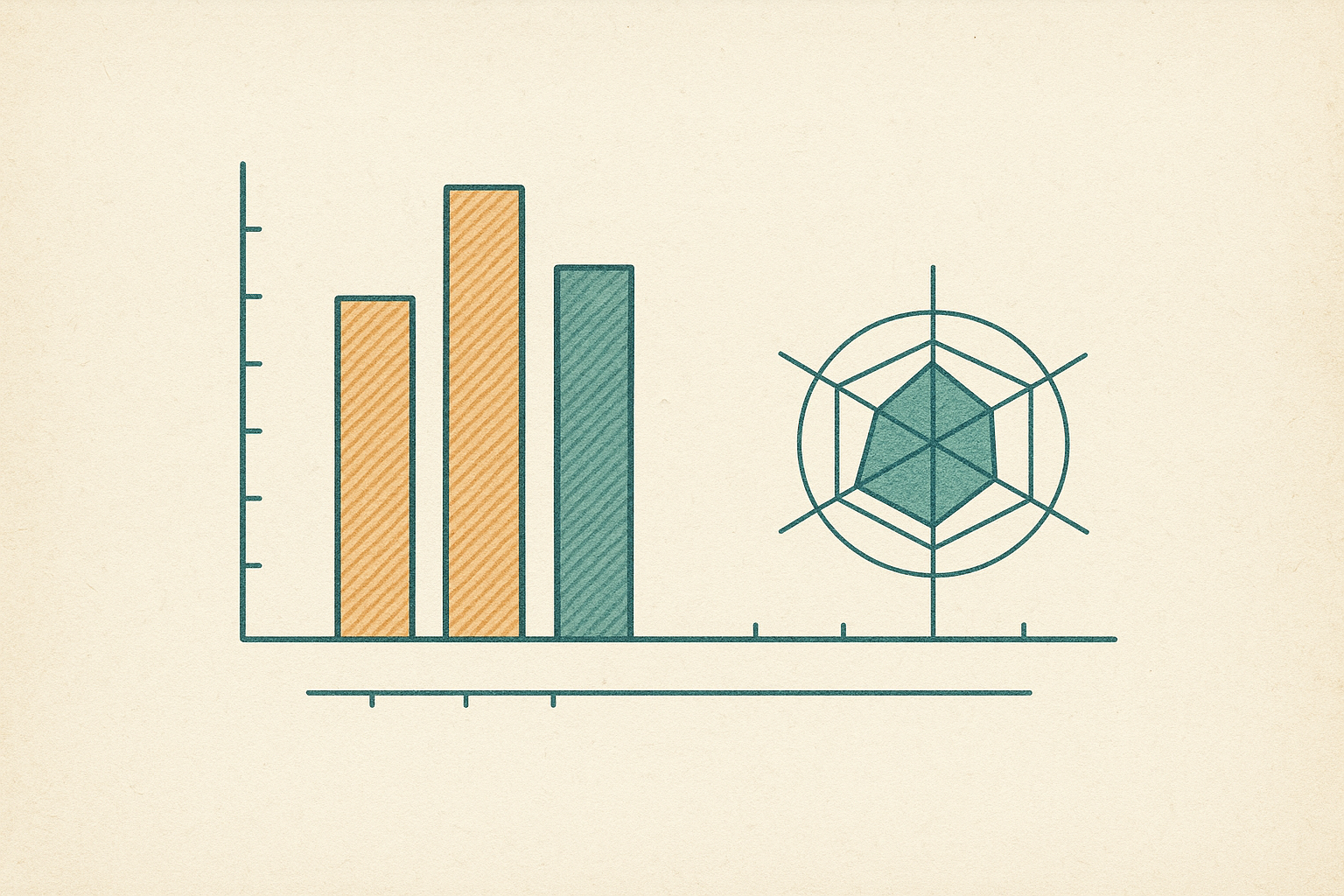 A minimalist parchment-toned lab illustration: three ranked teal and amber bars beside a hexagonal six-axis radar chart, representing an AI app builder leaderboard.