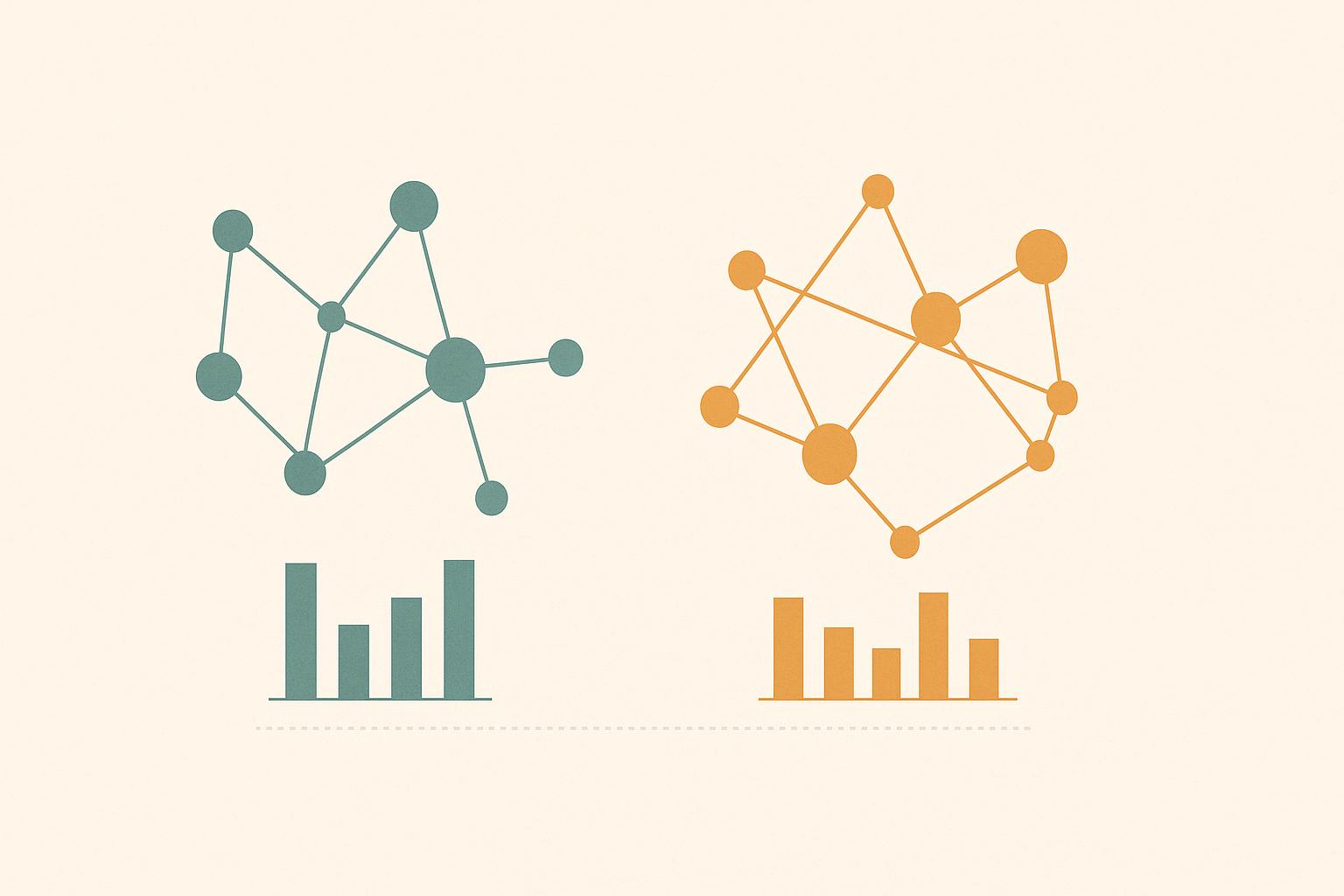 Two abstract lab scorecards compared side by side, teal versus amber, on a parchment background