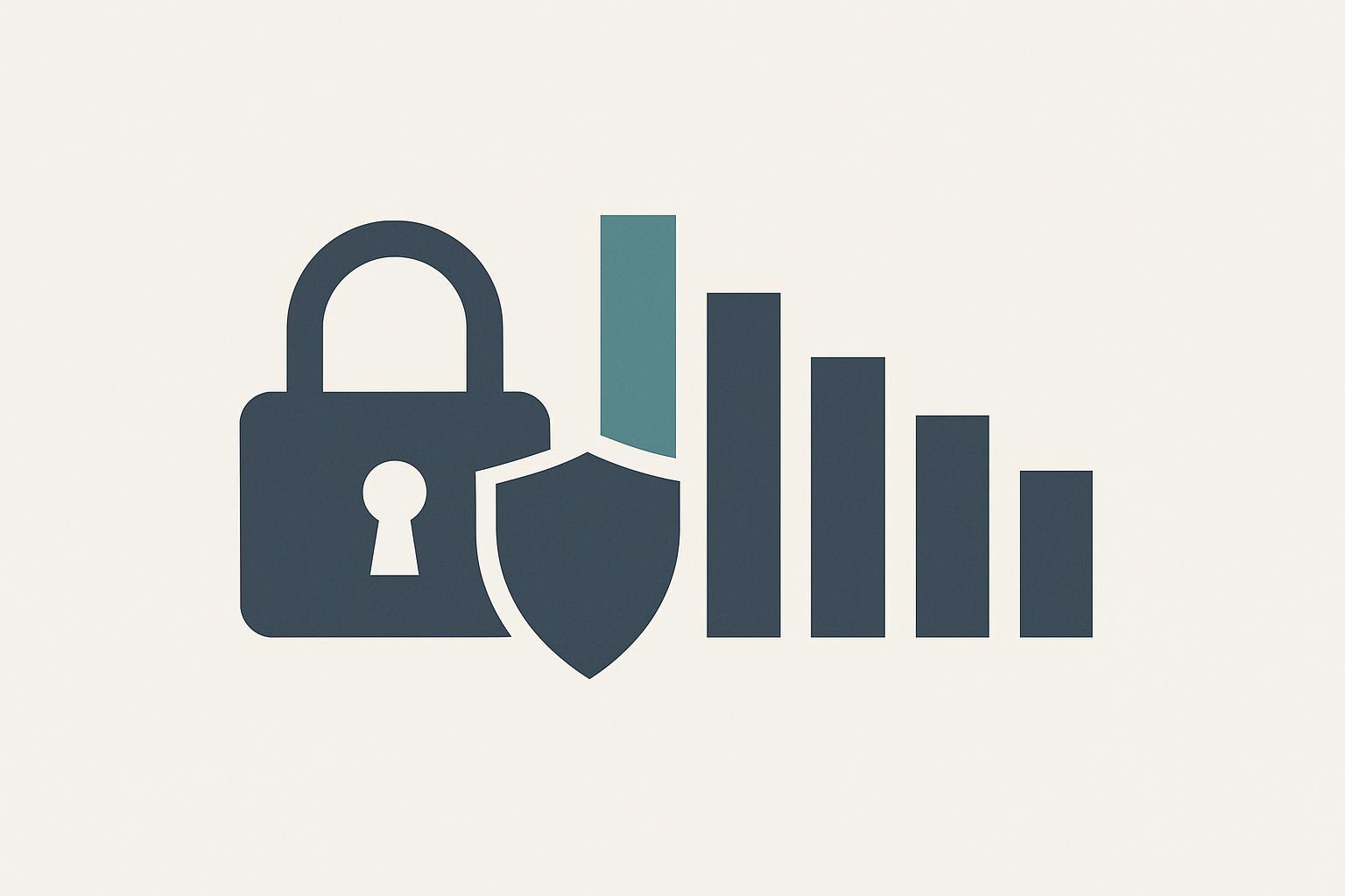 A minimalist lab illustration of a padlock and shield beside five descending ranked bars, on a parchment background