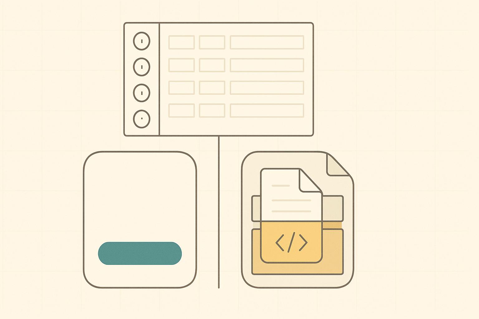 Split benchmark illustration: a sealed opaque no-code panel versus an open layered code editor beneath a blank six-row scorecard grid.