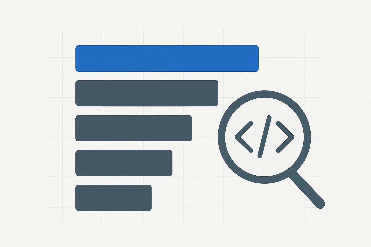 Minimalist ranked bar-chart leaderboard with a code-inspection magnifier, illustrating the BuilderProof AI app builder output-quality benchmark