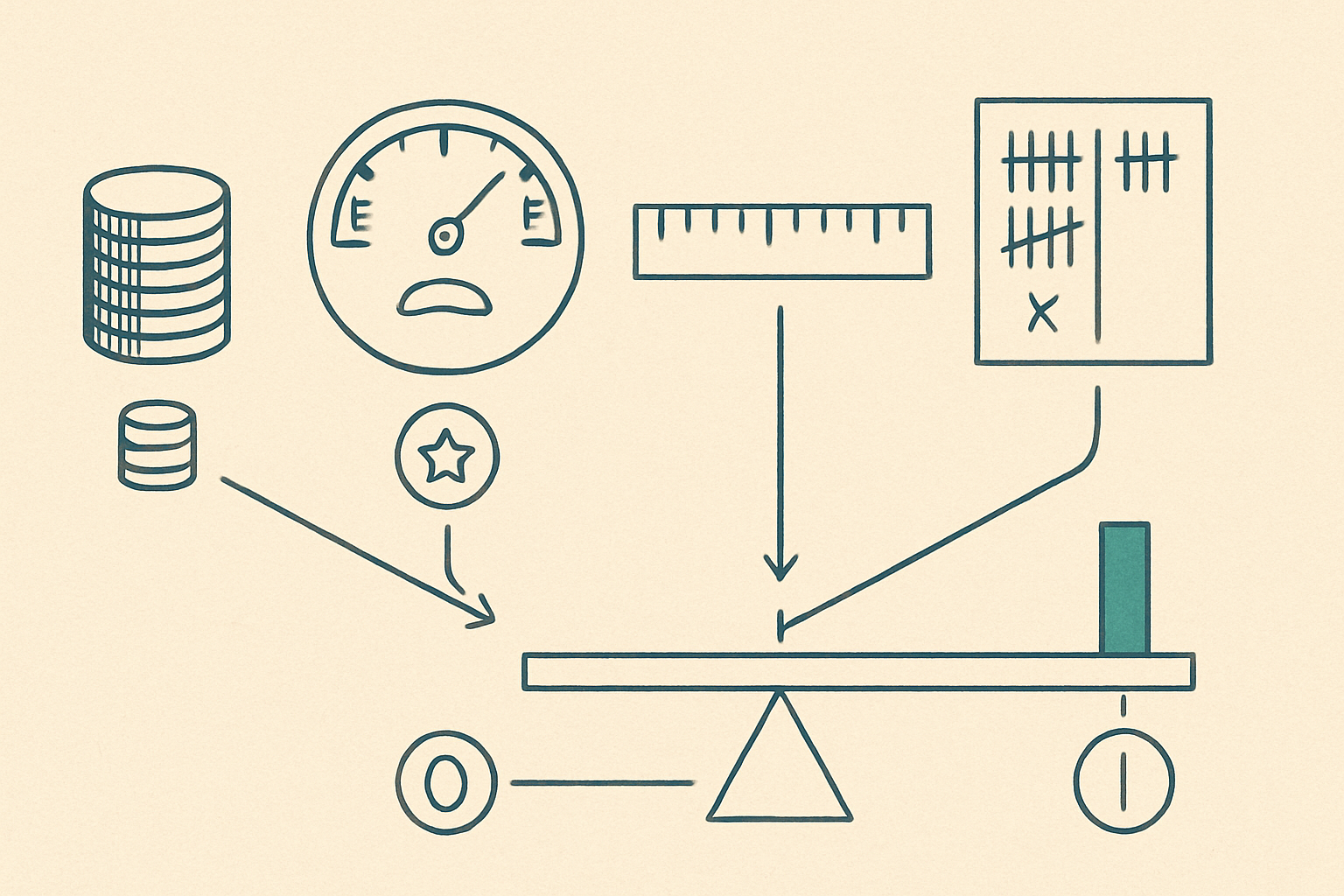 Flat scientific-illustration of five different measuring instruments, each with a distinct unit glyph, feeding into one central balance beam that outputs a single normalized bar, on pale parchment with a teal accent.