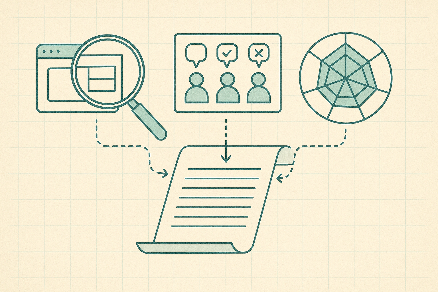 Flat scientific-illustration of three measuring instruments, a design magnifier over an app window, a human rater panel, and a multi-axis radar chart, each feeding into one central ledger sheet, on pale parchment with a teal accent.