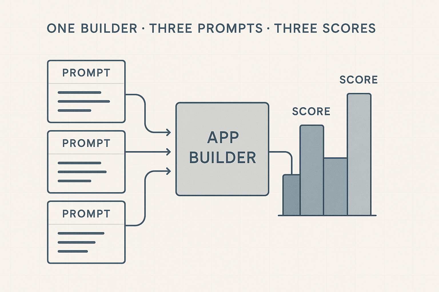 A neutral diagram: one app builder fed by three different prompt cards producing three different-height score bars, labelled One Builder, Three Prompts, Three Scores.