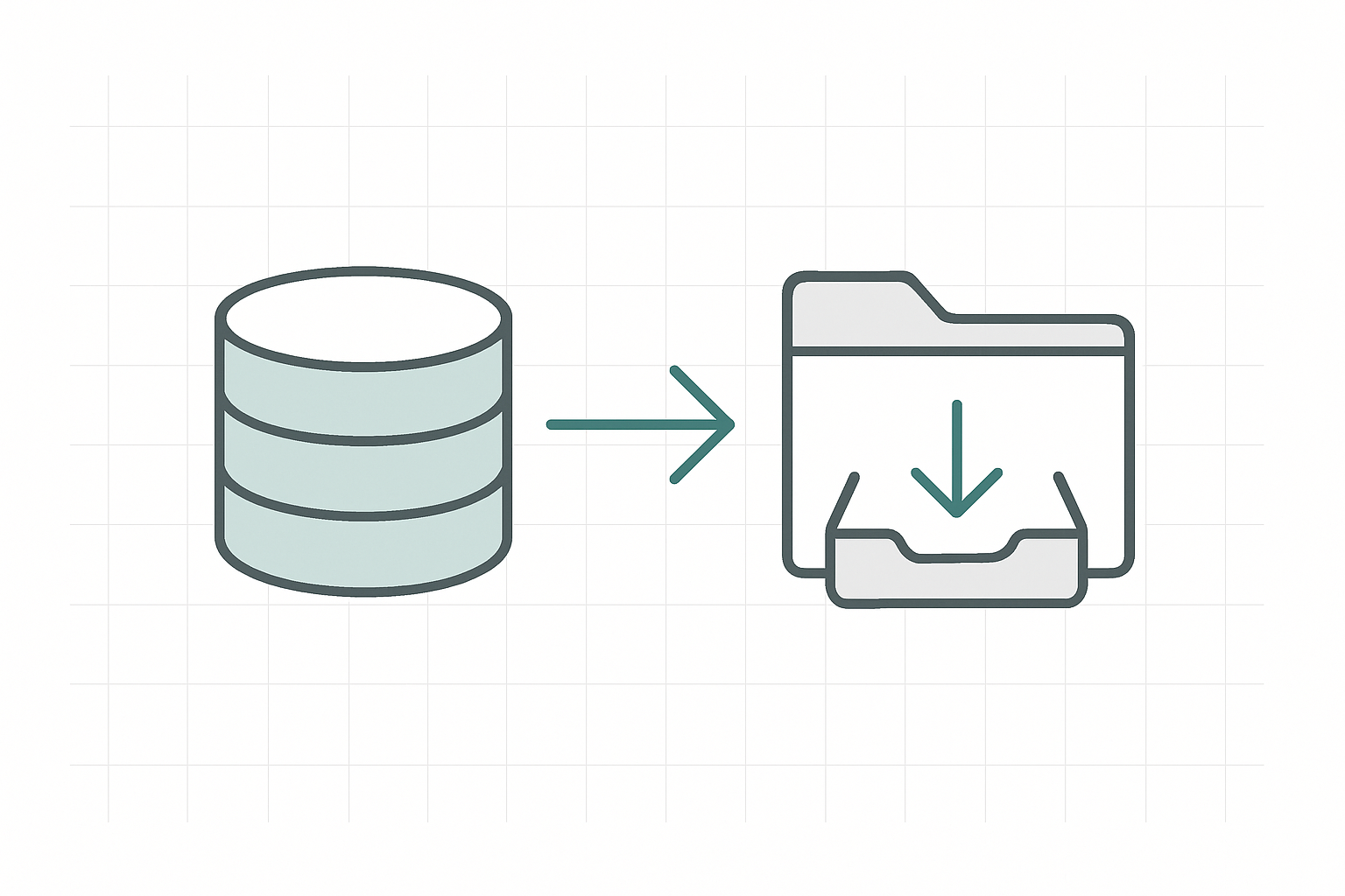 Minimalist lab diagram of a database cylinder exporting data to a neutral download tray on a white grid background