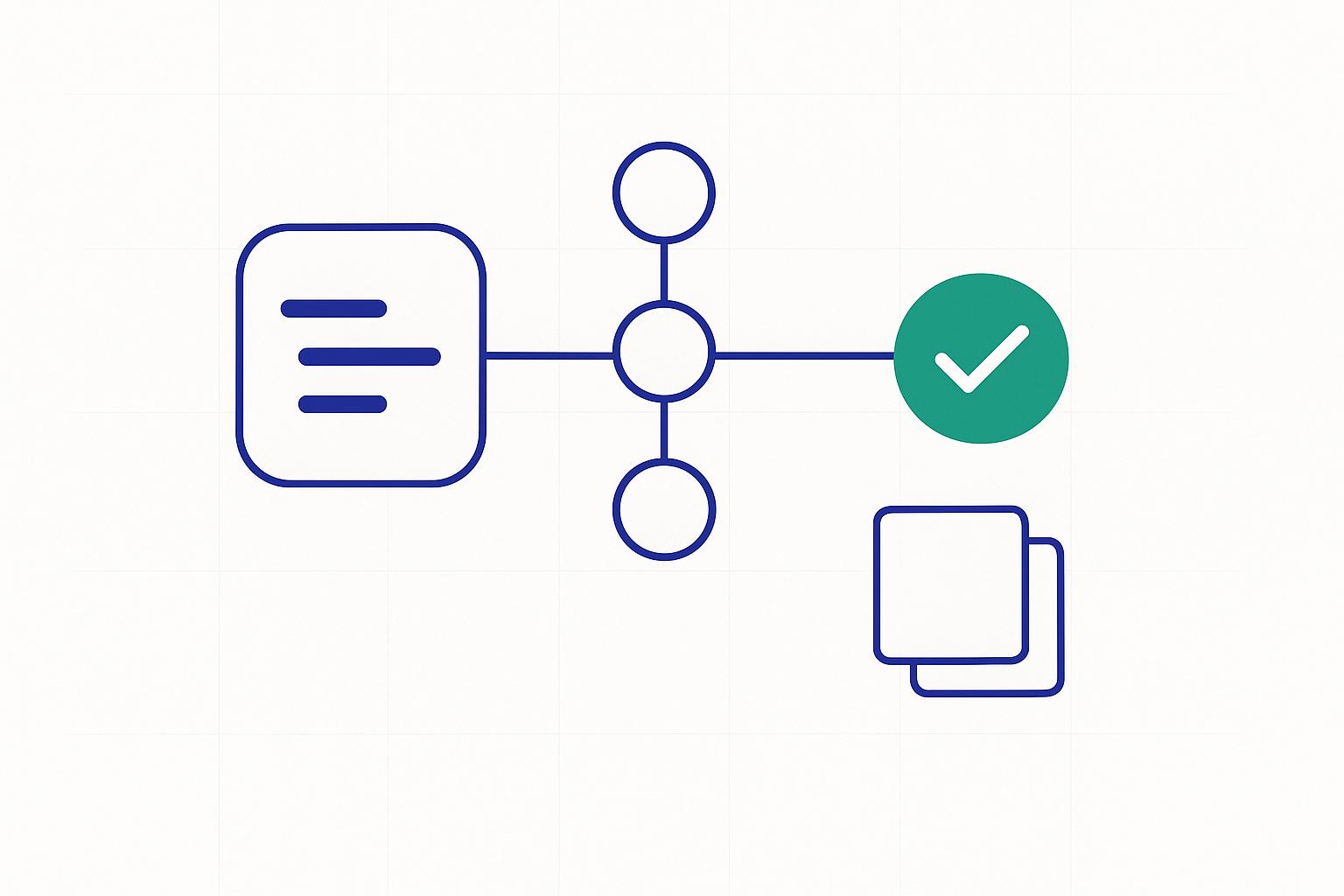 Minimalist lab diagram: a generated code module passing through three test rings to a green pass node and a stack of persisted test files.