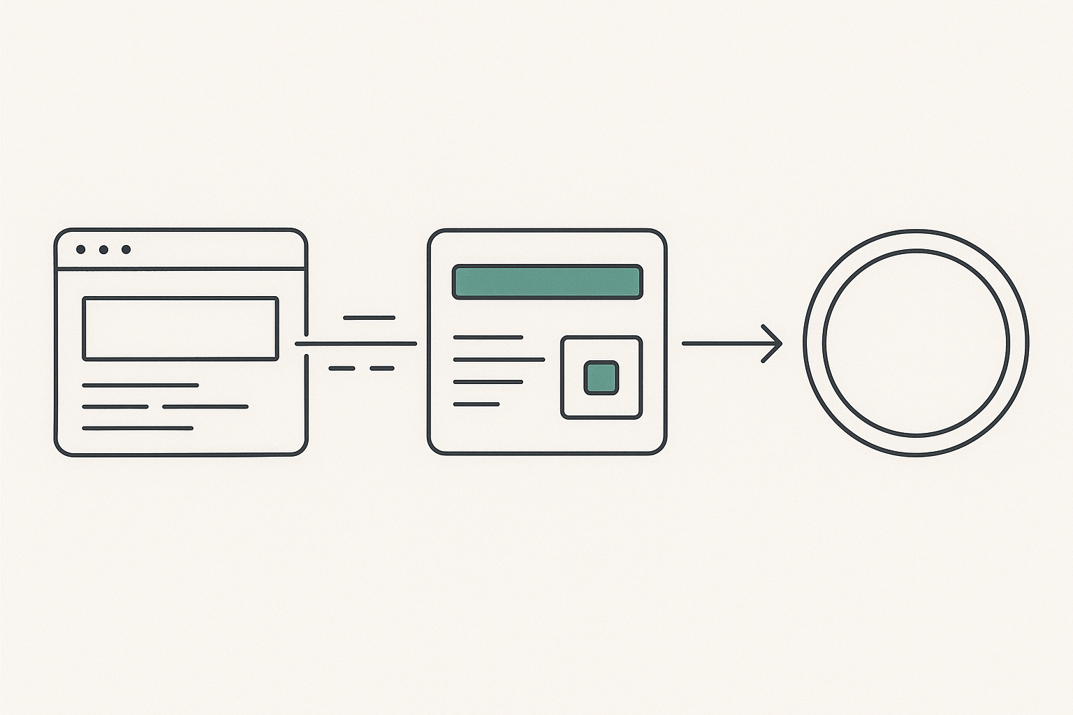 Minimalist lab diagram: a deployed web app emits a stream of log lines into a dashboard showing an uptime bar and CPU/memory tiles, feeding an observability lens.