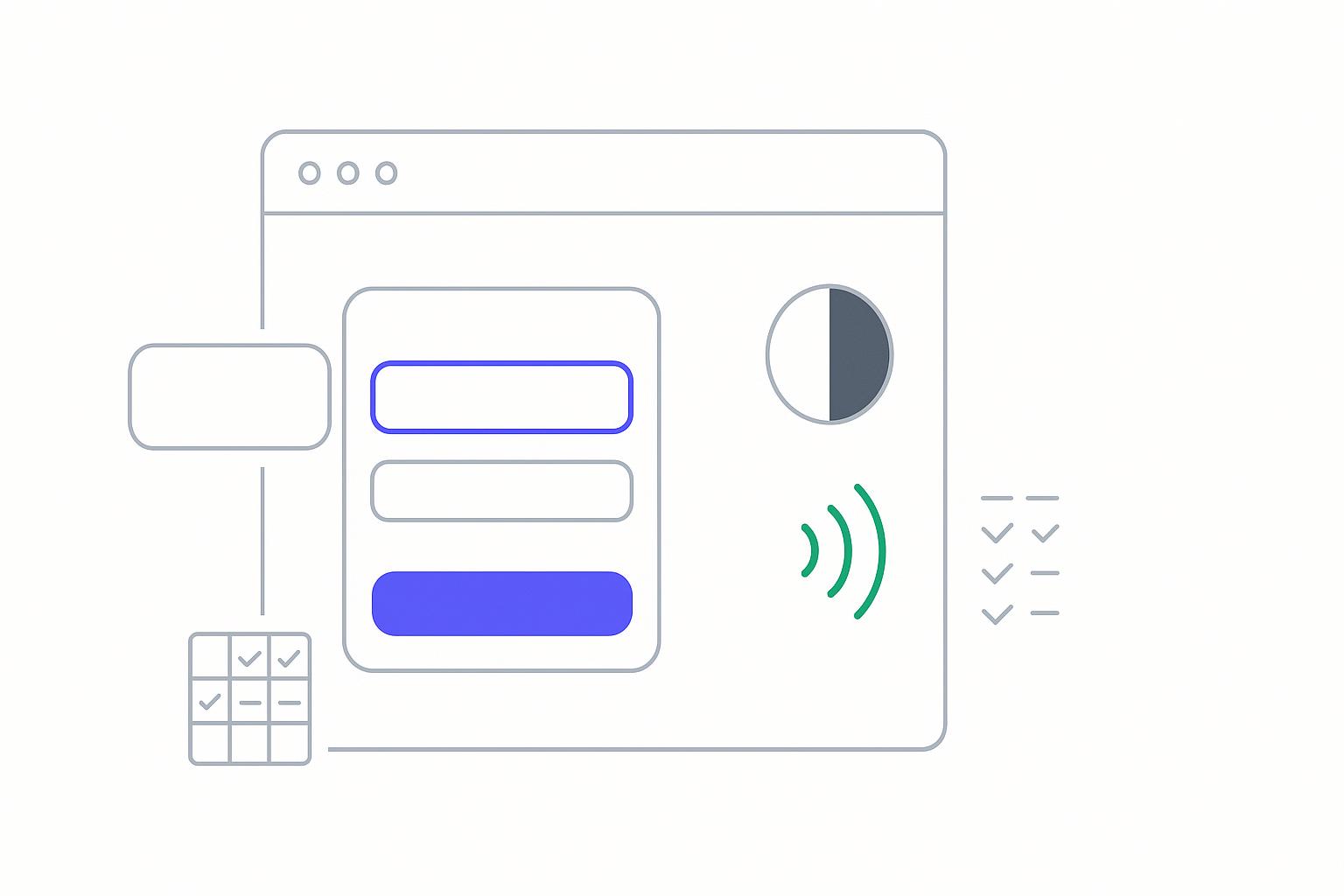 Minimalist line illustration of an app window with a keyboard focus ring, a light and dark contrast circle, a screen-reader soundwave, and a small accessibility scorecard grid.