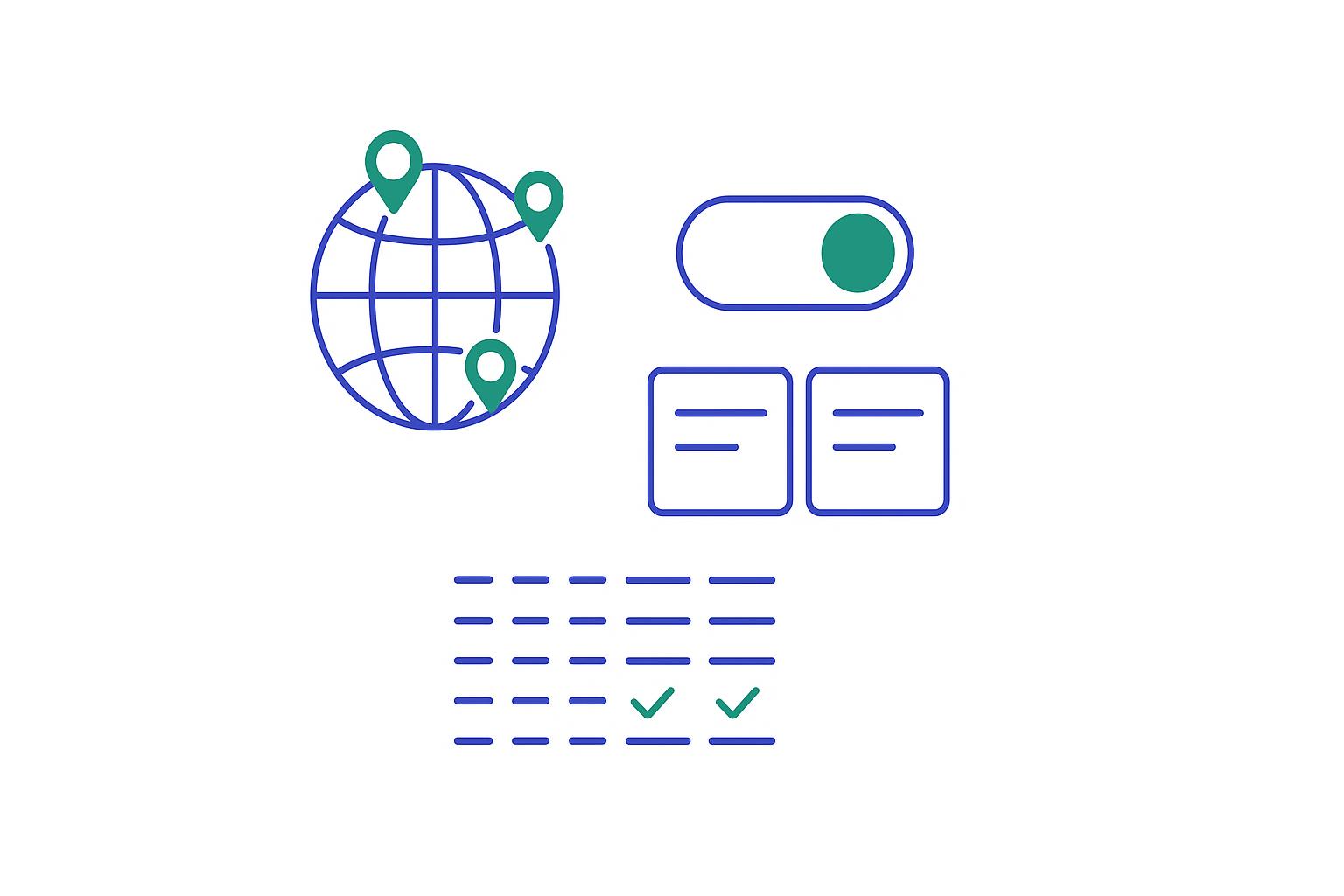 Line-art globe with location pins, a language toggle, mirrored left-to-right and right-to-left UI cards, and a mostly-empty i18n scorecard grid