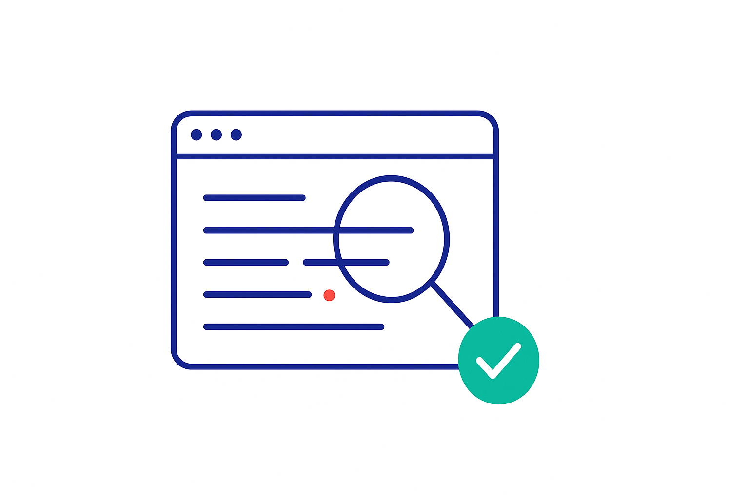 Minimalist illustration of a code console with one log line flagged by a red error dot under a magnifying glass, beside a green fix checkmark