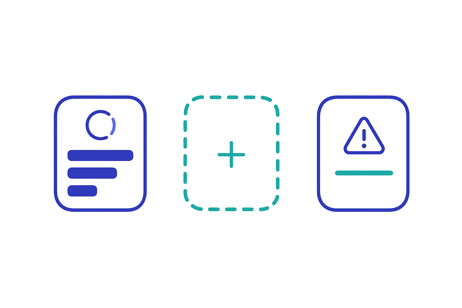 Three minimalist app-screen cards on a white background showing a loading state with skeleton bars, an empty state with a dashed placeholder, and an error state with a warning triangle, in indigo and emerald.