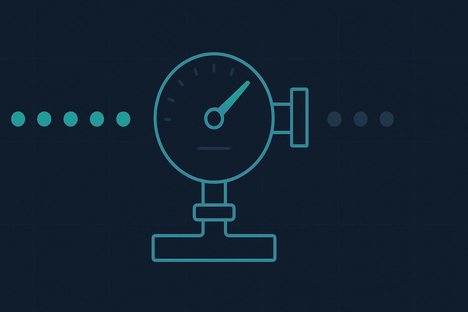 Minimalist illustration of a rate-limit meter throttling a stream of incoming requests, navy background with a single teal accent.