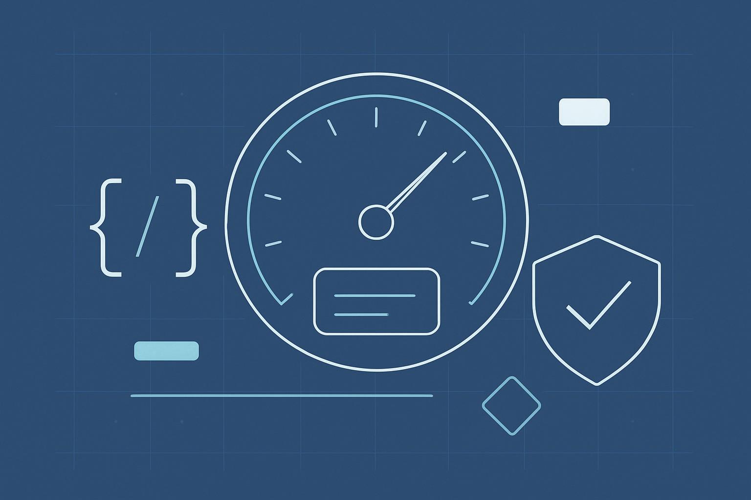 Minimalist lab illustration of a precision gauge, code brackets, and a checkmark shield in TypeScript-blue tones, representing a static type-safety benchmark axis