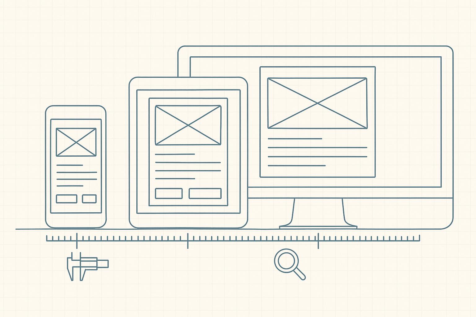 Blueprint-style line drawing of one app layout reflowing across smartphone, tablet, and desktop frames on a measurement ruler.