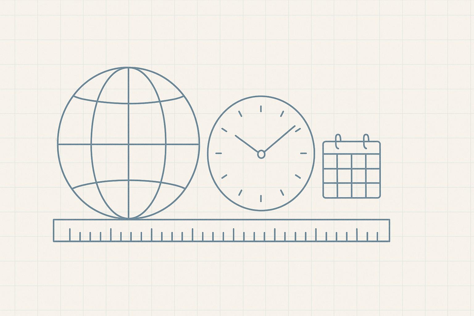 Minimalist blueprint illustration of a wireframe globe with time-zone meridians, an analog clock, and a calendar aligned on a measurement ruler, representing a date and timezone correctness benchmark axis