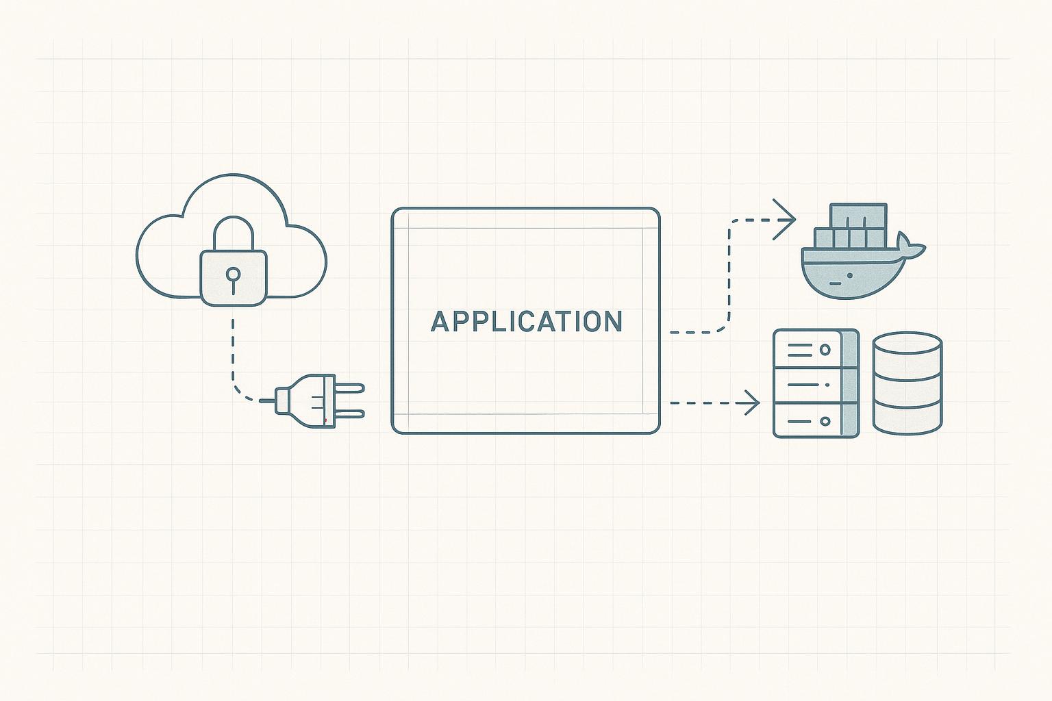 Blueprint schematic of a generated application being unplugged from a locked managed cloud backend and re-plugged into a self-hosted stack of a container, a server rack, and a database.