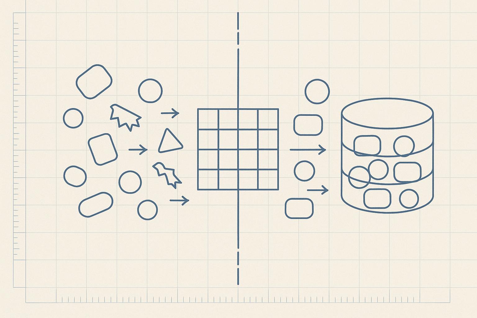 Minimalist blueprint illustration of mixed clean and malformed data shapes flowing through a schema sieve at a boundary line into an ordered database, representing input validation at the server boundary