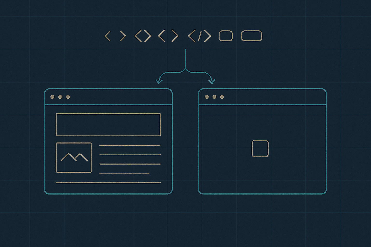 Minimalist blueprint illustration of one URL branching into two browser-window outlines, one filled with rendered content blocks and one nearly empty, above a row of outlined document metadata tag icons, representing the difference between what a human and a crawler receive