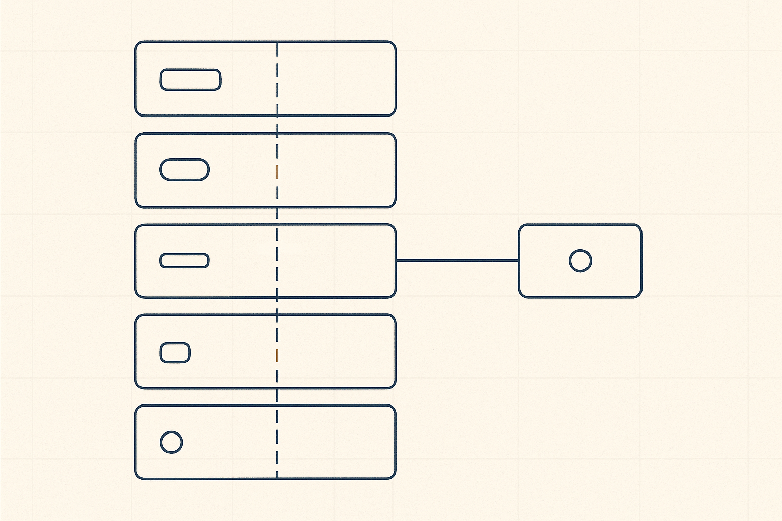 Minimalist blueprint illustration of five stacked outlined endpoint cards whose small marker shapes sit at different positions and sizes against a single dashed alignment guide, with one separate card holding a perfectly centered marker as the reference shape