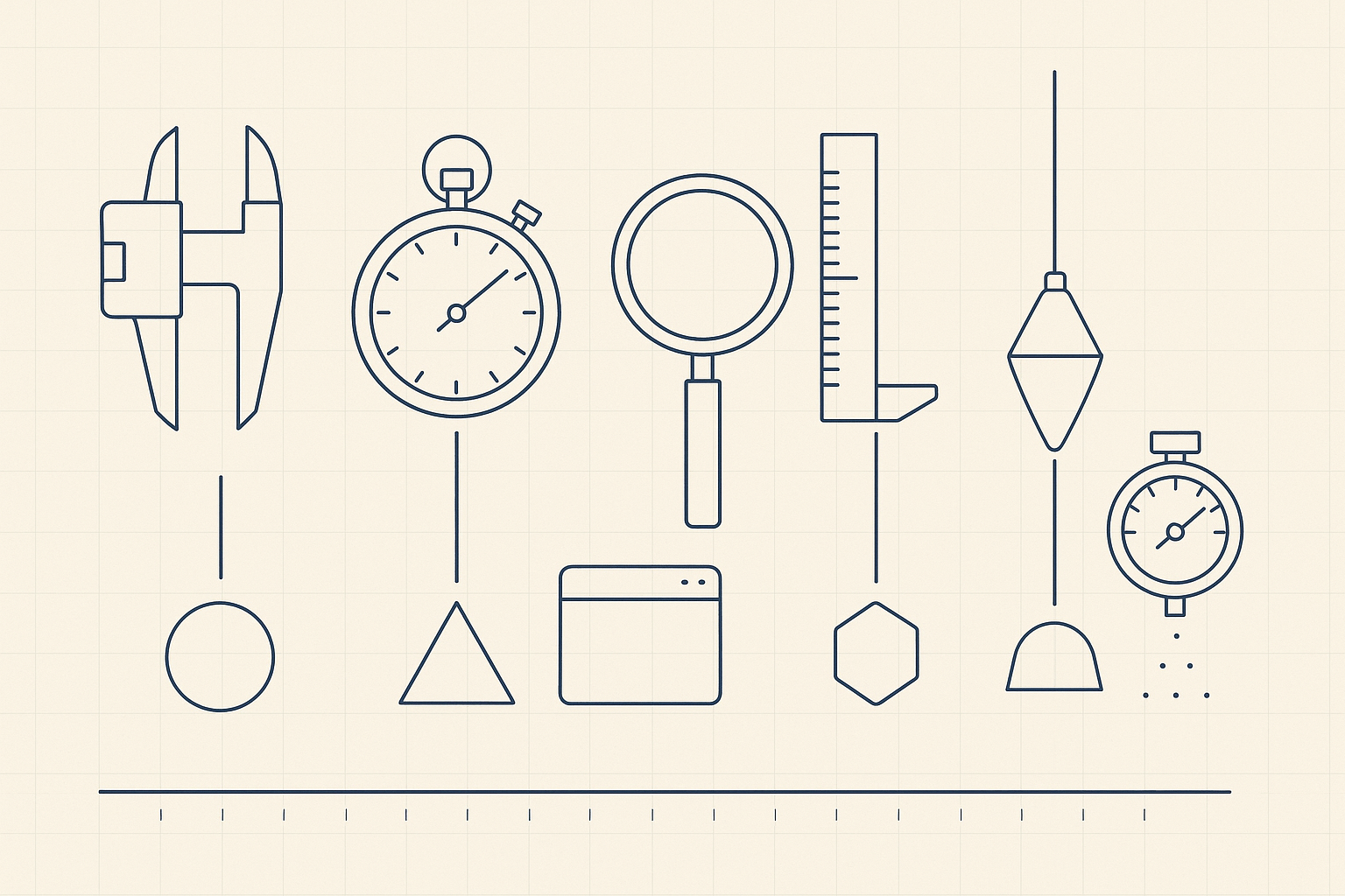 Minimalist blueprint illustration of six different measuring instruments each aimed at its own separate specimen shape, only one of which is an application window, representing six 2026 research papers measuring six different objects