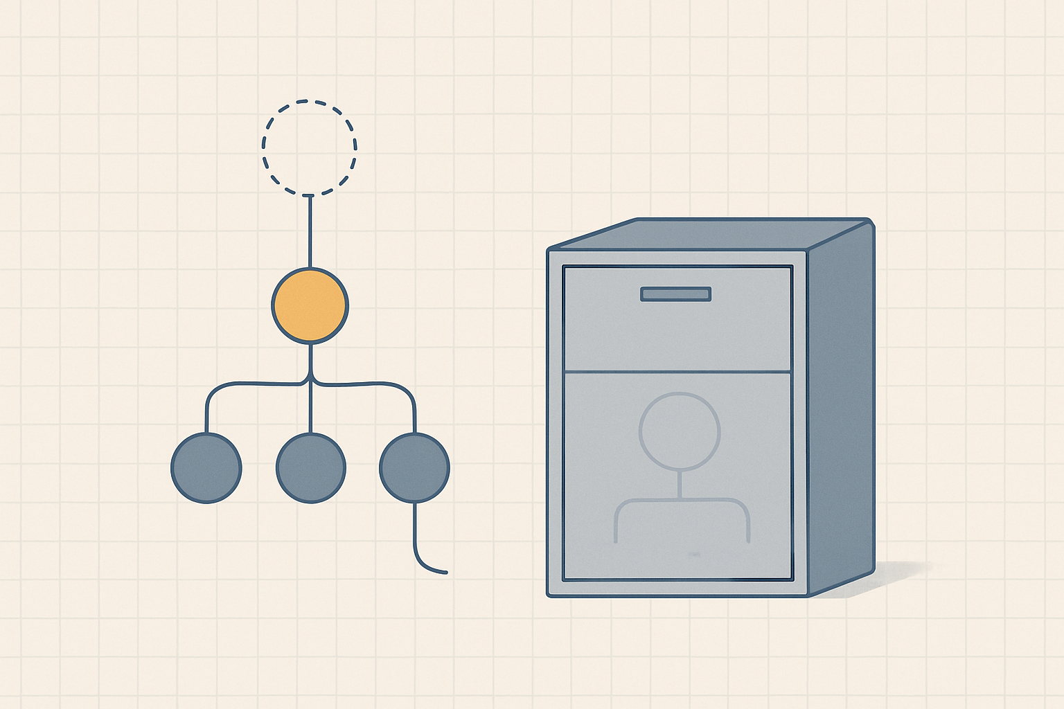 Minimalist blueprint illustration of a hierarchy whose top anchor node has been removed and left as a dashed empty socket, with child nodes below it, one floating free on an unattached line, beside a closed archive cabinet whose panel still shows a faint ghosted outline of the removed figure