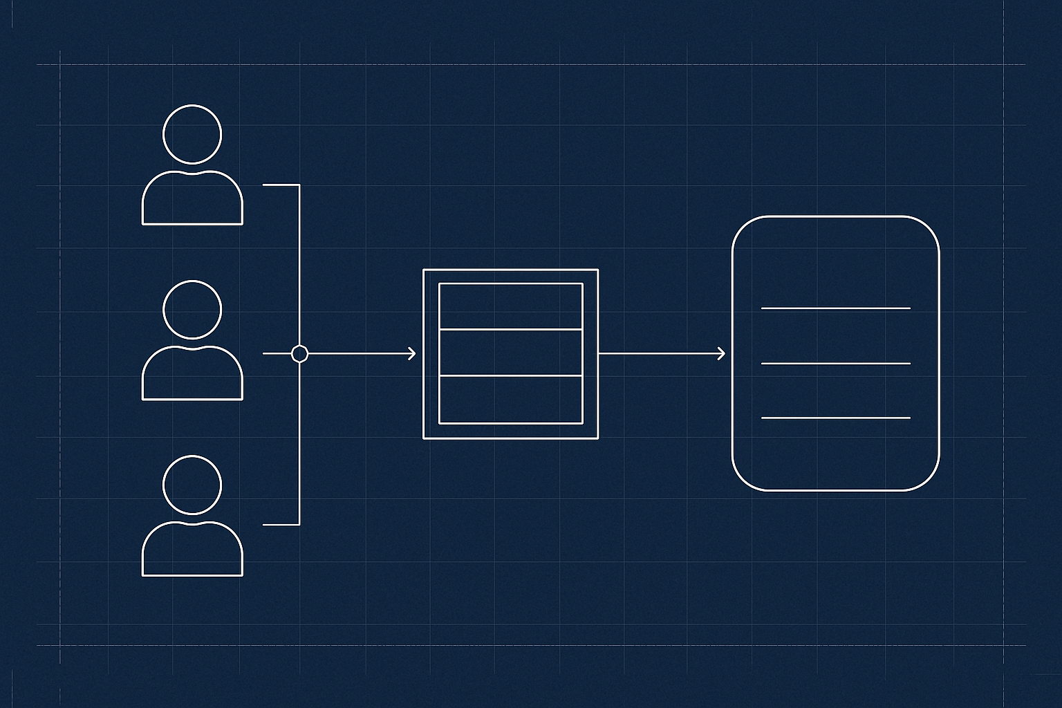 Blueprint schematic: three client figures converge on a single shared storage node, which connects onward to an origin server, illustrating one cached response reused by more than one user.
