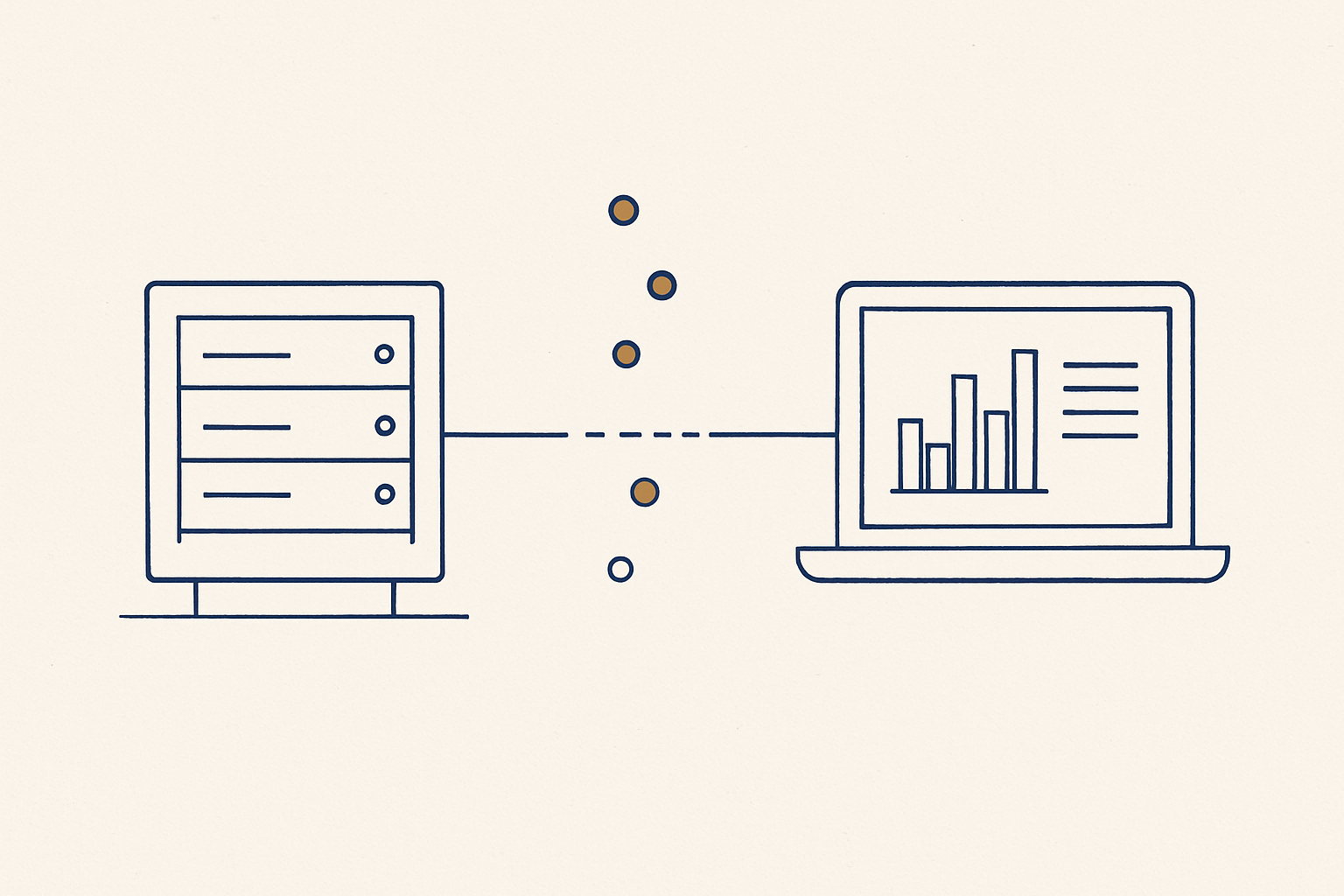 Blueprint line diagram: a server rack on the left connected to a laptop showing a chart on the right, with the middle of the signal line drawn as a break, and amber event markers falling away through the gap while the laptop screen keeps rendering confidently.