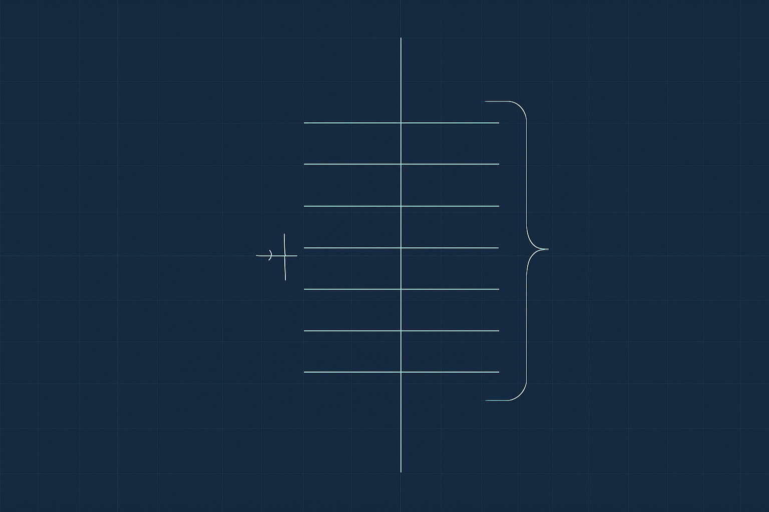 Blueprint line diagram: a stack of horizontal ledger rules gathered on the right by a tall summation bracket, with a fine vertical alignment axis running down through them, and one rule sitting minutely off that axis beside a small caliper mark measuring the gap.