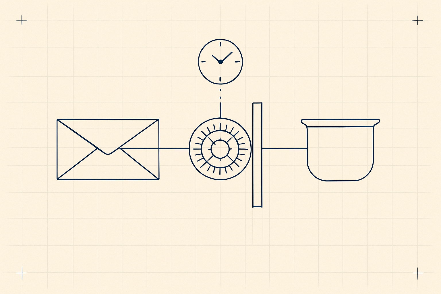 Blueprint line drawing: an envelope travels along a line to a circular seal and a vertical barrier, with a clock dial above connected by a dotted line, and an empty vessel accepting data beyond the barrier.