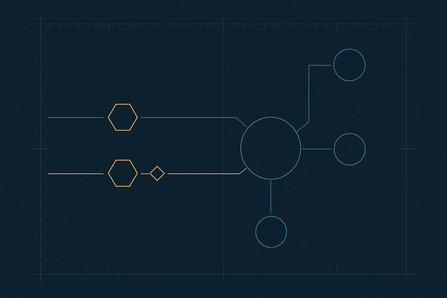 Blueprint line drawing: two horizontal tracks carry near-identical rows of geometric tokens, one a single hexagon and one a hexagon plus a small separate diamond, converging on a circular comparison gate that resolves to one endpoint on one path and two separate endpoints on the other.