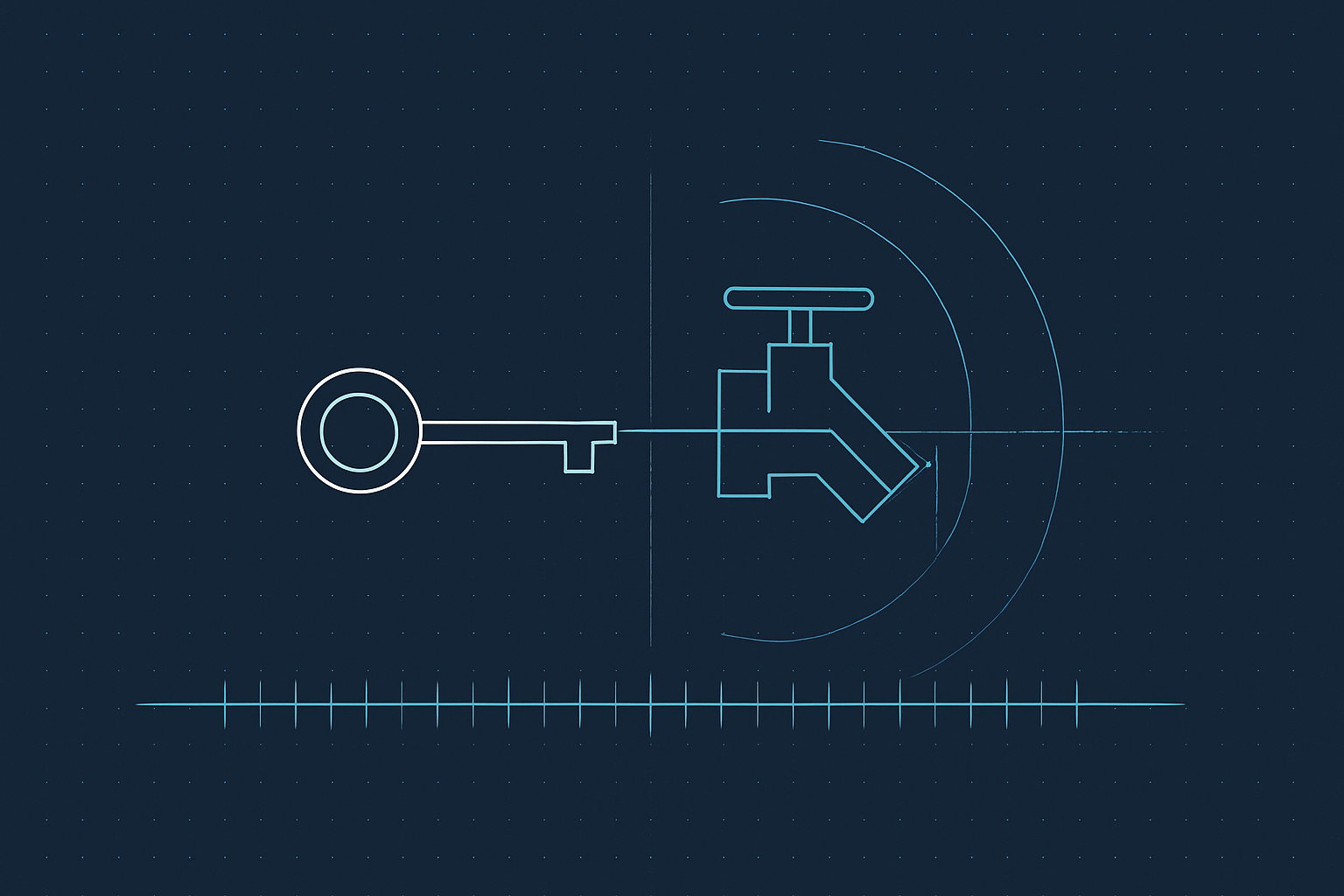 Minimalist technical blueprint on deep navy: a thin-line key joined to a half-closed valve symbol, concentric arcs radiating from the valve, and a tick-marked measurement axis beneath, on a faint dotted grid. An abstract schematic of a credential, elapsed time, and a shut-off point.