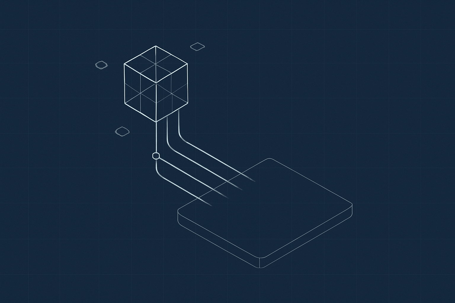 Minimalist technical blueprint on deep navy: a thin-line isometric wireframe cube joined by four supply lines to a large flat slab platform, one line cleanly severed near the cube, small empty sockets alongside. A schematic of an exported app still attached to what it left behind.