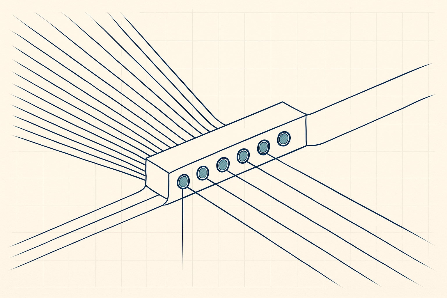 Minimalist blueprint in ink navy on paper cream: many slender channels converge from the left on a narrow bar pierced by a small fixed row of teal ports, a few passing through while the rest queue at the bar. A schematic of many clients sharing a fixed set of connection slots.